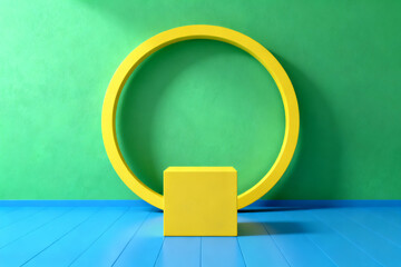 Yellow circle and cube against green wall