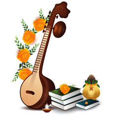 Guitar with book and fruits including apples on wooden surface