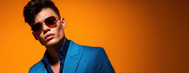 The fashionable young man in a bold blue suit against a vibrant orange background.