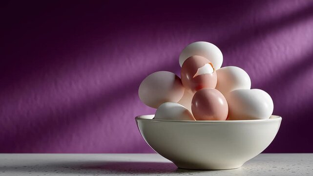 A bowl filled with white and brown eggs, with one egg cracked open, set against a purple wall
