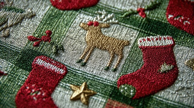 Christmas-themed fabric texture showing plaid design with metallic stars, cute deer ornaments, and bright red holiday stockings. - Powered by Adobe
