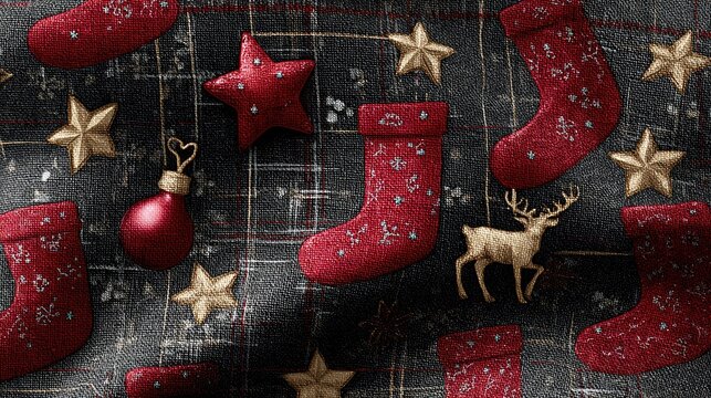 Christmas-themed fabric texture showing plaid design with metallic stars, cute deer ornaments, and bright red holiday stockings.