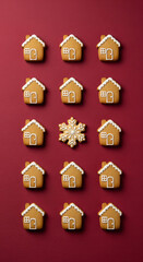 Conceptual christmas pattern with gingerbread houses and one unique snowflake on a red background, a flat lay composition