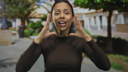 Hispanic woman gesturing expressively on a vibrant street, illustrating lively communication in an...