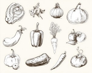 Handdrawn vegetables displayed beautifully on a white background