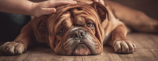The loving bulldog resting on a wooden floor with gentle human affection.