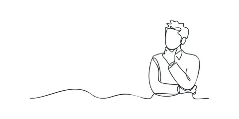 Man in line art form contemplating with hand on chin