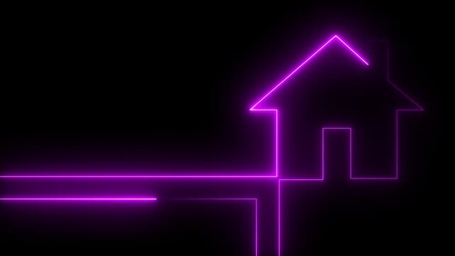 Neon line home icon. Neon line Cool linear animated home icon. House icon glowing neon  on black background.