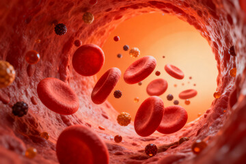 Red blood cells flowing in a vessel