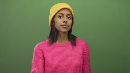 Young hispanic woman wearing yellow beanie and pink sweater points at her eye against an isolated...