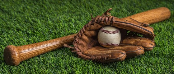 The baseball glove and bat resting on vibrant green grass background