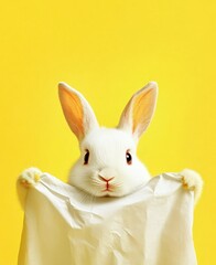 Obraz premium Cute White Rabbit Hiding Behind Tissue Paper