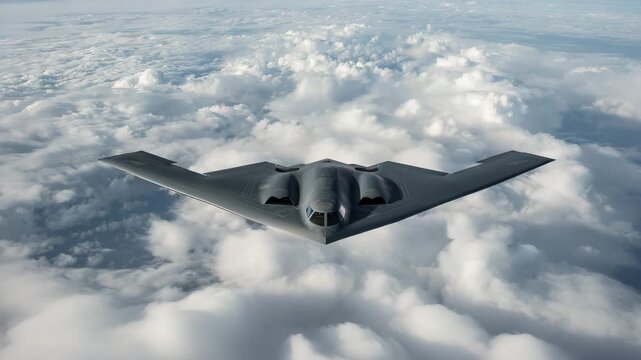 Stealth bomber flying high above white clouds in the sky