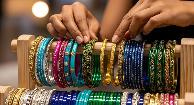 A woman’s hands carefully choose blue and gold bangles from a colorful display at a festive market, emphasizing tradition, celebration, and the allure of ethnic jewelry and accessories.

