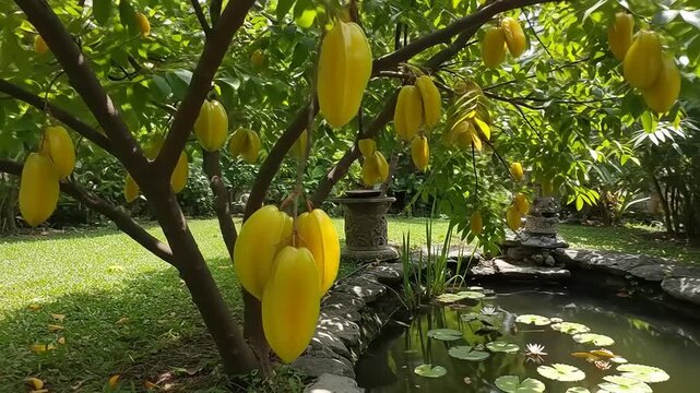 Starfruit Tree with Ripe Fruits Growing in a Garden.
