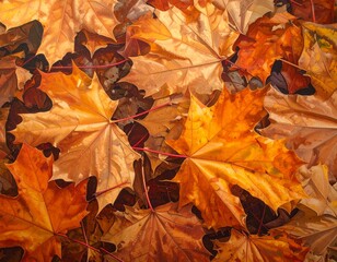 Brown and orange fallen autumn maple leaves lie on ground background