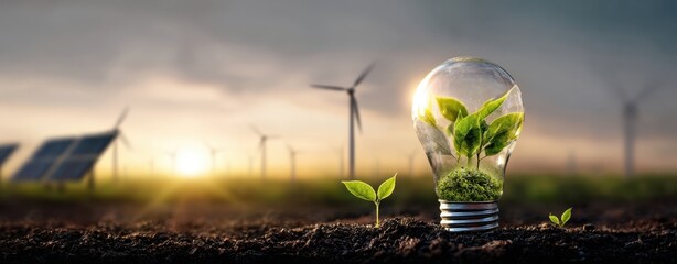 The lightbulb symbolizes sustainable energy and the growth of green technology.