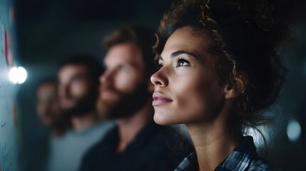 A diverse team collaborates brainstorming ideas on a glowing board in a modern office