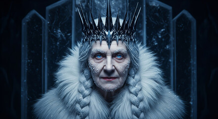 Cinematic fantasy portrait of a powerful and evil snow queen with a crown on her ice throne