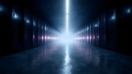 A futuristic symmetrical corridor bathed in cool blue and purple light leading towards a bright hazy exit