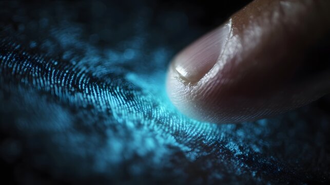 A close up view of a fingertip creating a glowing blue fingerprint pattern highlighting intricate details of biometric identification