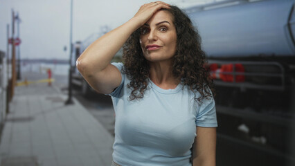 Hispanic woman touches forehead with a thoughtful gaze as she stands by a parked train at street; reflection.