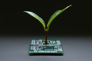 New life emerges from technology when a tiny plant grows on a printed circuit board. Generative AI