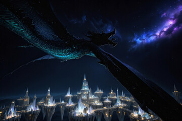 Majestic dragon flying over a mystical ice castle illuminated under a starry night sky Generative AI