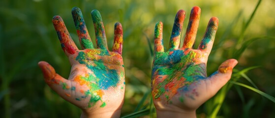 The vibrant hands covered in paint against a natural green background.