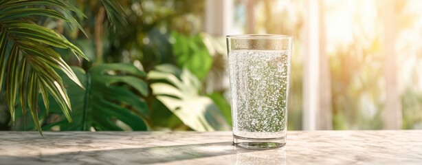 The refreshing glass of sparkling water on a marble countertop.