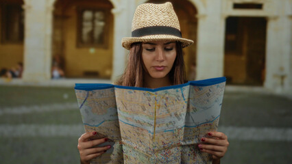 Young woman reading map outdoors at historic university