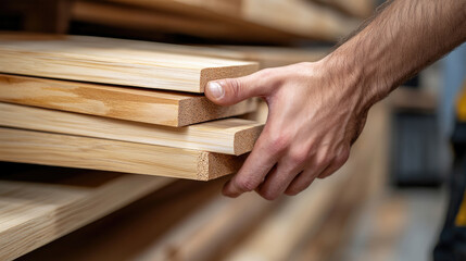 wood planks and building materials stacked in outdoor construction market,