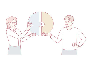 Happy businesspeople connect pieces of jigsaw find solution together. Smiling employees look for solution. Teamwork and problem solving. Flat vector illustration.