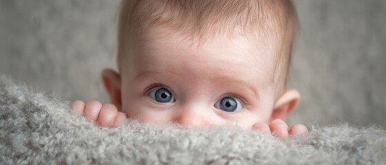 The adorable baby peeking over a cozy blanket with bright blue eyes.