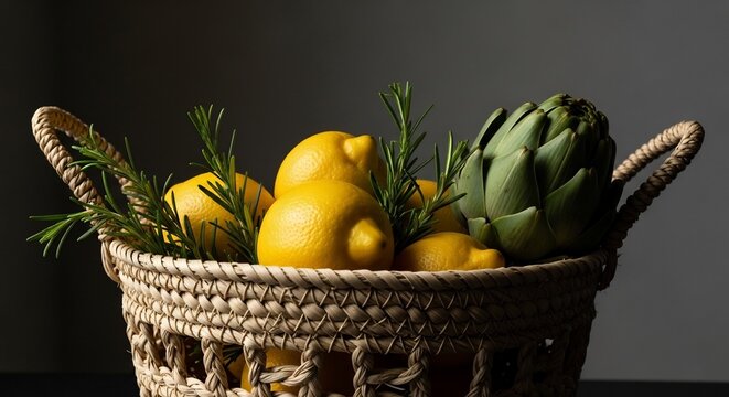 Still life composition featuring lemons, artichoke, and rosemary in a woven basket. Perfect for Mediterranean cuisine, healthy eating, or summer-themed designs.