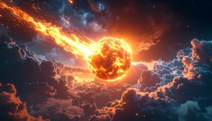 Celestial Inferno A Fiery Meteor Plunging Through Dramatic Skies