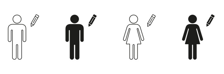 Male And Female With Pencil Icon Set. User Profile Editing And Customization Outline And Silhouette Symbol Collection. Personalization And Identity Management. Isolated Vector Illustration