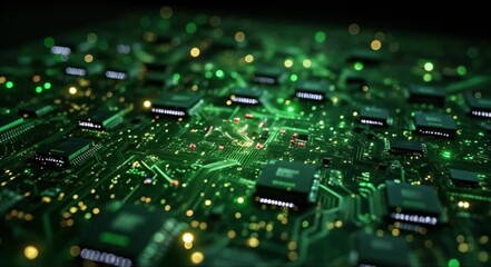 Intricate green circuit board glows with futuristic digital connections and data flow. - Powered by Adobe