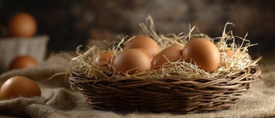 The basket of freshly collected eggs with rustic straw background.
