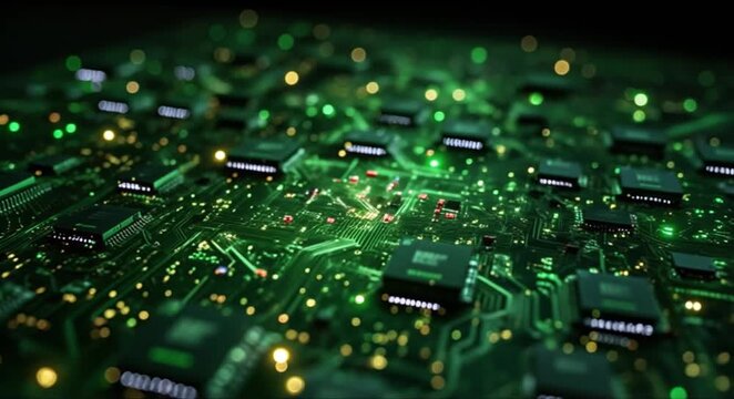 Intricate green circuit board glows with futuristic digital connections and data flow. - Powered by Adobe
