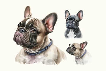French Bulldog Puppy Dog collection Cute Pet Illustration set of Animal Clipart on isolated background