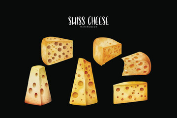 Swiss Cheese Set Watercolor Dairy Food Illustration Gourmet Cheese Clipart Collection On isolated background