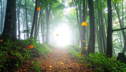 Autumnal Pathway Serene Forest Scene with Sunlight and Falling Leaves