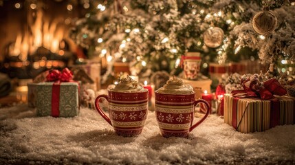 Joyful holiday atmosphere captured with a glowing fire, hot cocoa mugs, and beautifully wrapped gifts beneath a snow-frosted Christmas tree.