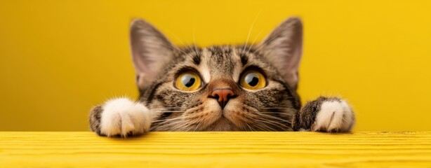 The curious cat peeking over a wooden ledge against a vibrant yellow background.