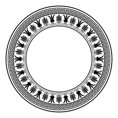 Classic Greek frame with key meander pattern and Greek anthemia floral pattern. Round monochrome classic frame. Greek meander. Round European frame. Typical Egyptian, Assyrian, and Greek motifs