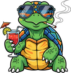 Fototapeta premium Cool cartoon turtle wearing sunglasses holding a cocktail and smoking a cigarette