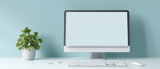 The modern computer setup with a stylish plant and minimalist design elements.