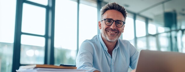 The smiling businessman in a bright modern office setting.