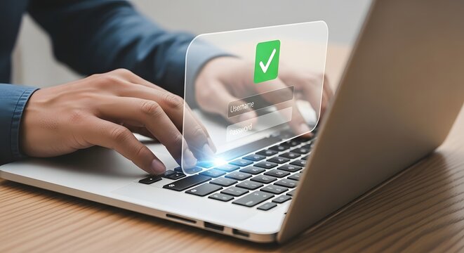 Person typing on laptop with a digital checkmark appearing on screen